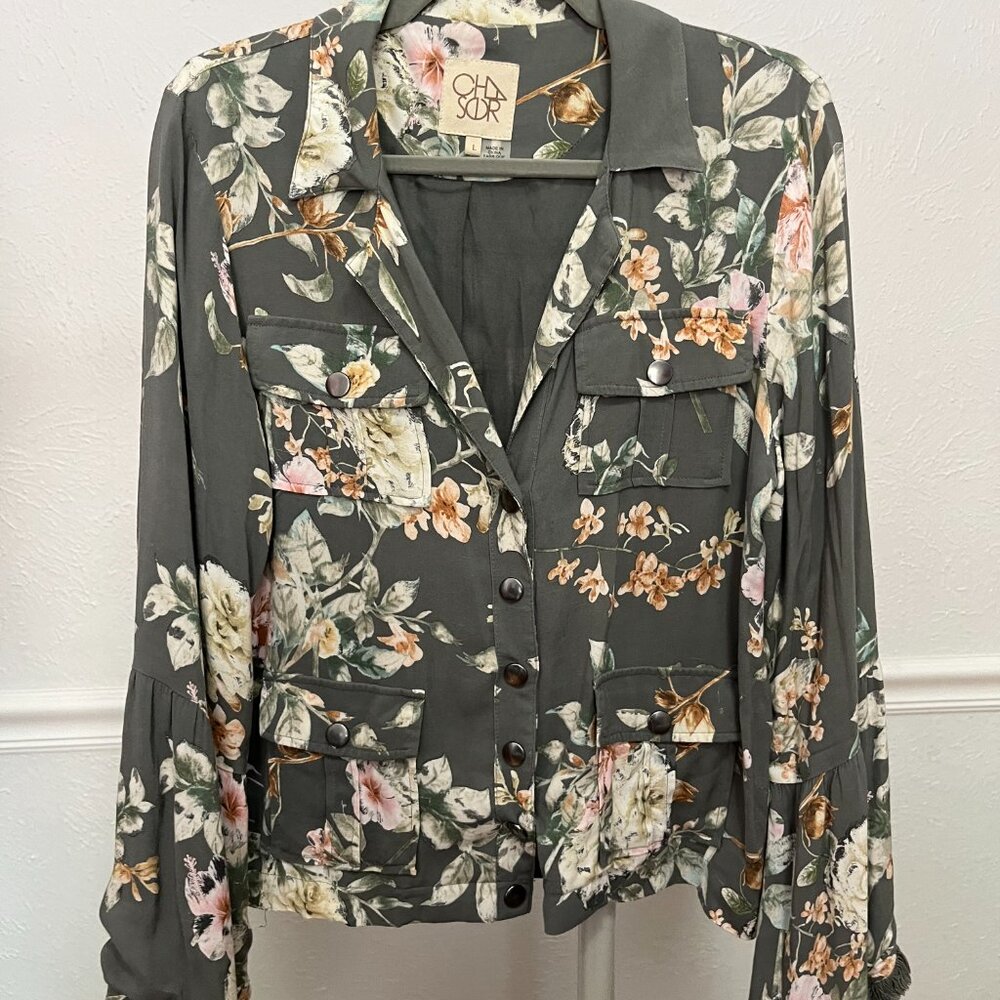 Chaser Frayed Bell Sleeve Jacket Slouchy Prairie Style Pockets Ruffles - L